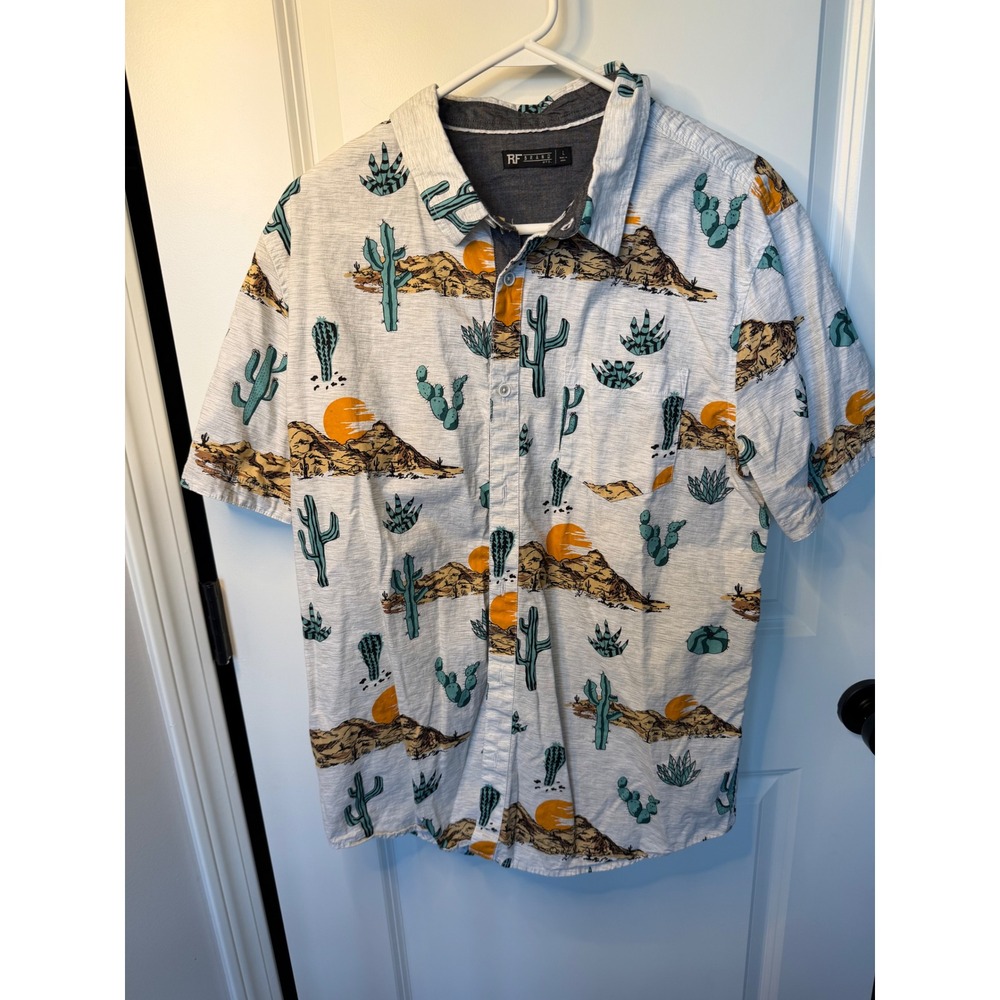 RF Brand MFG Mens Large Desert Cactus Print Short Sleeve Button Down Shirt Gray